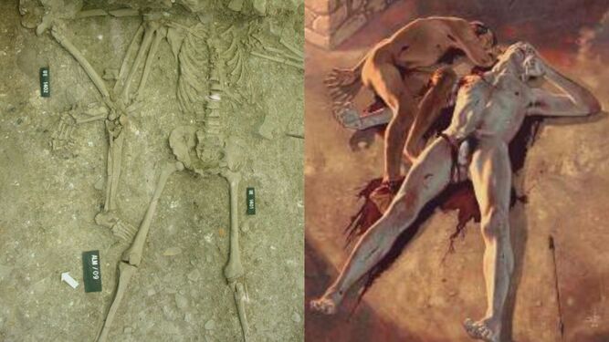 Esqueletos recuperados en Almedinilla, y una recreación pictórica de la escena.