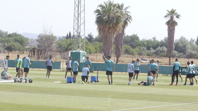 Los jugadores del Córdoba CF estiran en el último entrenamiento de la temporada.