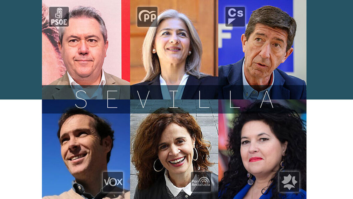 Seis de los principales cabezas de lista por Sevilla en las elecciones de Andalucía 2022.