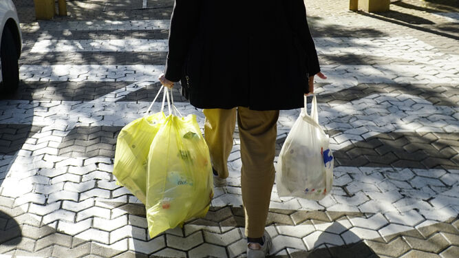 Una persona con varias bolsas de basura.