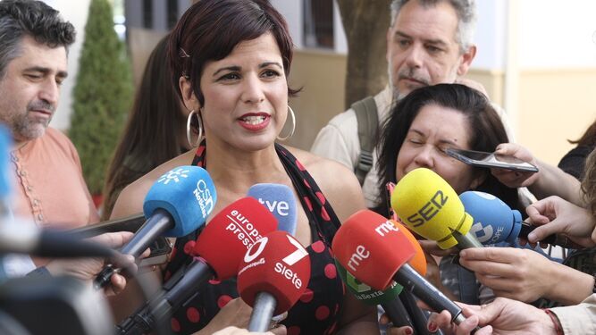 Teresa Rodríguez, durante una comparecencia en Córdoba durante la campaña electoral.