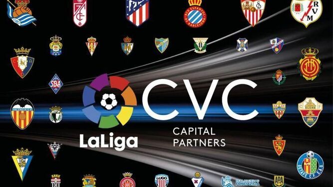 Logos de LaLiga y CVC con los escudos de los clubes de fondo