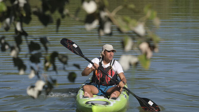 Un palista rema en su kayak por el río Guadalquivir.