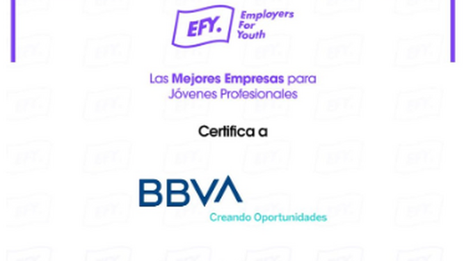 Certificado de BBVA México como la empresa más solicitada por los profesionales jóvenes.