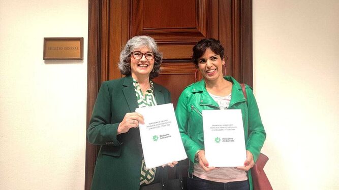 Pilar González y Teresa Rodríguez, tras presentar las enmiendas.