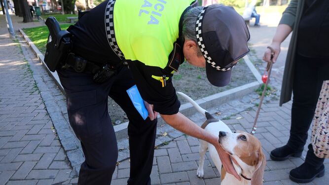 Un agente de la Línea Verde de la Policía Local de Córdoba comprueba el microchip de un perro.