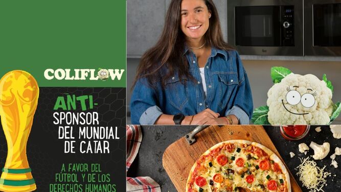 Cartel de pizzas Coliflow como anti sponsor del Mundial de Catar.