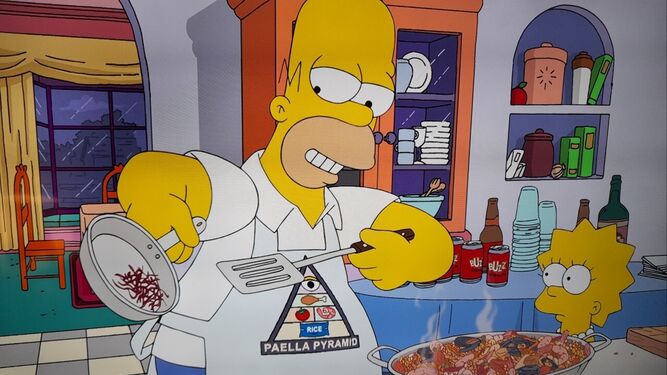 Homer elaborando su paella en casa, tostando el azafán, ante la mirada de Lisa
