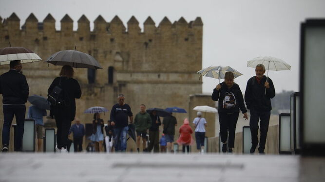 Viandantes por el Puente Romano de Córdoba resguardados bajo paraguas.