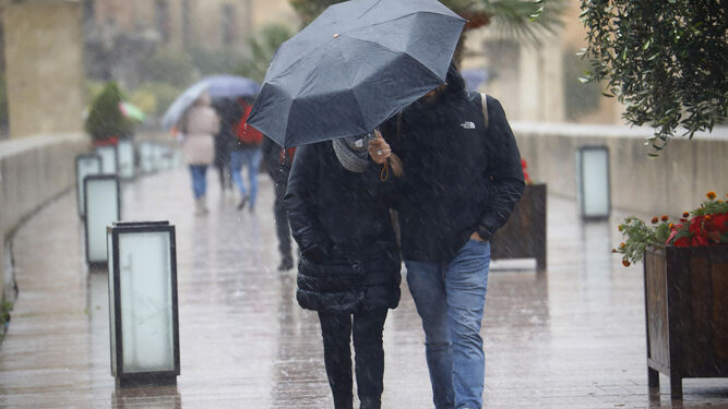 Varias personas caminan bajo la lluvia en el Puente Romano.