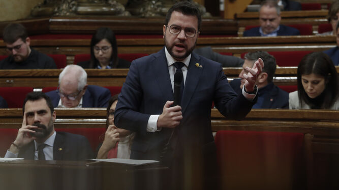 El presidente de la Generalitat, Pere Aragonès, durante la sesión de control en el 'Parlament'.
