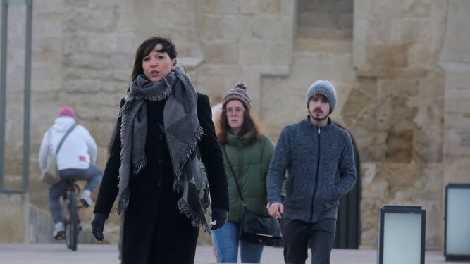 Varias personas caminan por el Puente Romano en una mañana de frío en Córdoba.
