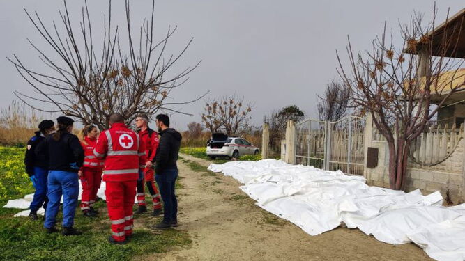 Los efectivos de los equipos de rescate junto a varios de los cadáveres ya rescatados de aguas de Calabria.