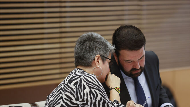 El diputado de EH Bildu Jon Iñarritu conversa con la diputada de ERC María Carvalho Dantas en la Comisión.