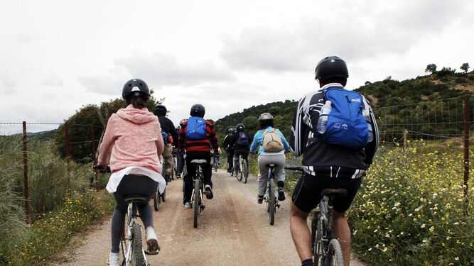 Varios personas participan en una ruta ciclista por una vía verde.