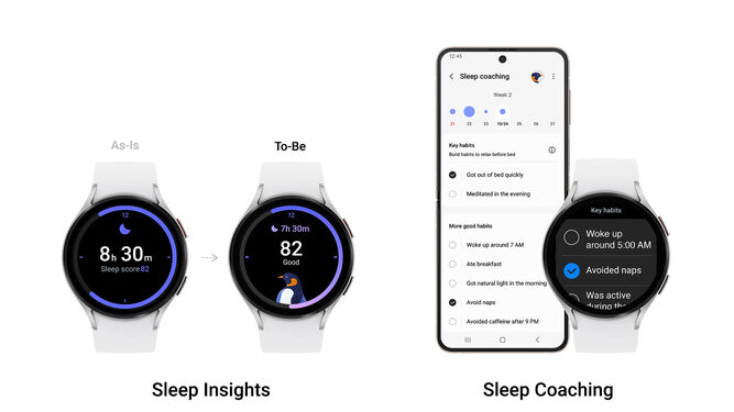 Funciones de cuidado del sueño en Samsung One UI 5 Watch.