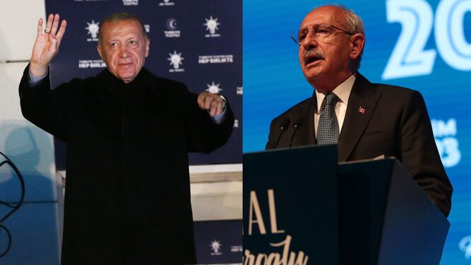 El presidente turco y candidato a la reelección, Recep Tayyip Erdogan, y su rival, Kemal Kiliçdaroglu.