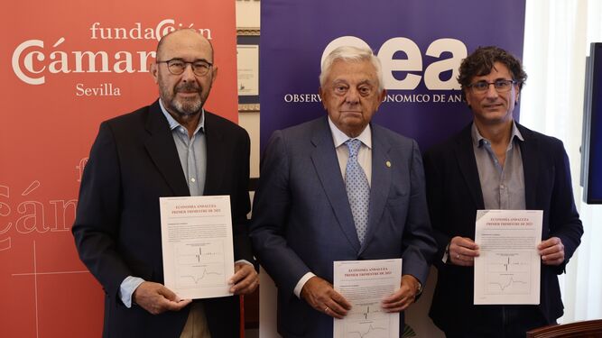 Francisco Ferraro, Francisco Herrero y Manuel Hidalgo sostienen el informe presentado en la Cámara de Comercio.