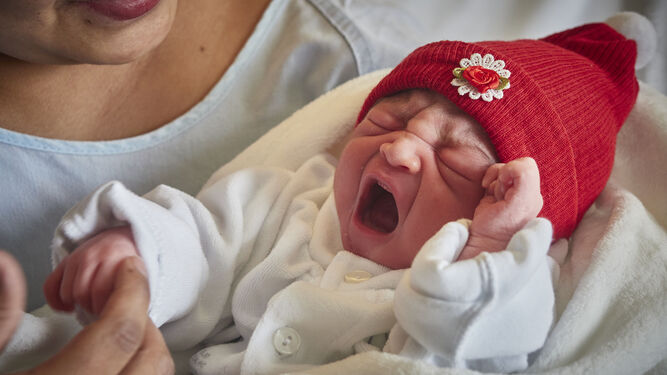 Un recién nacido, en manos de su madre en el hospital.