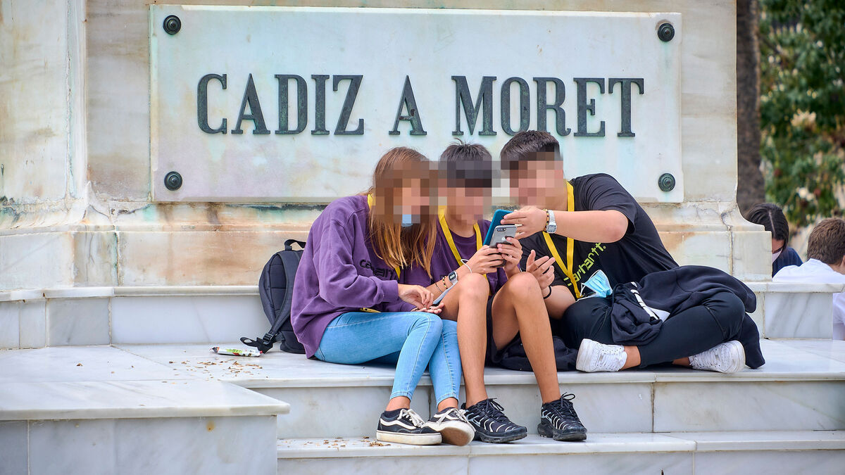 Varios jóvenes miran sus móviles en el monumento a Monet en Cádiz.