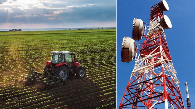 Torre de telecomunicaciones y tractor arando la tierra.