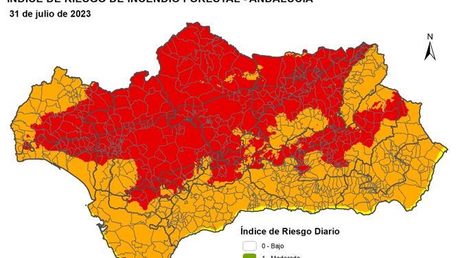 Mapa de riesgo por incendios forestales en Andalucía.