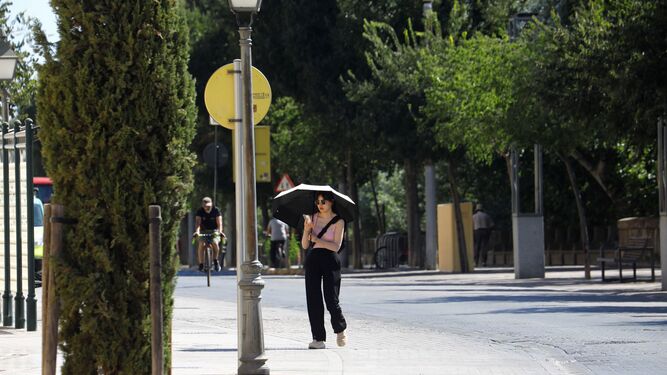 Una mujer se refugia del calor bajo un paraguas en Córdoba.