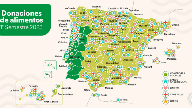 Mapa de donaciones de Mercadona en toda España y Portugal.