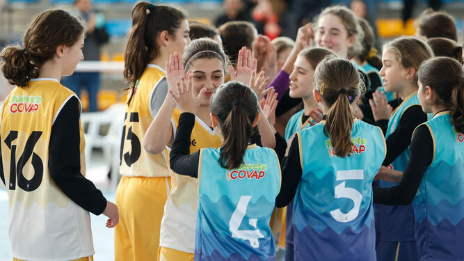 Dos equipos de baloncesto de niñas se saludan en una competición de la Copa Covap.