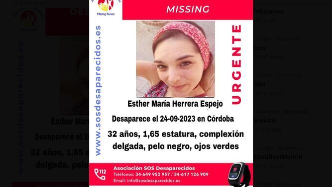 Cartel de SOS Desaparecidos con la imagen de Esther María Herrera.