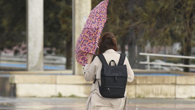 Una mujer intenta protegerse con un paraguas.