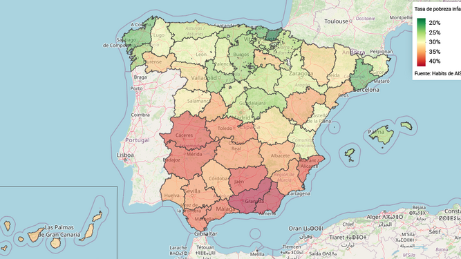 Mapa del riesgo de pobreza infantil en España.