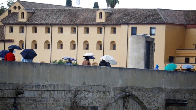Varias personas se protegen de la lluvia a su paso por el Puente Romano de Córdoba.
