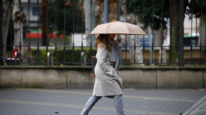 Una mujer se resguarda de la lluvia con un paraguas.