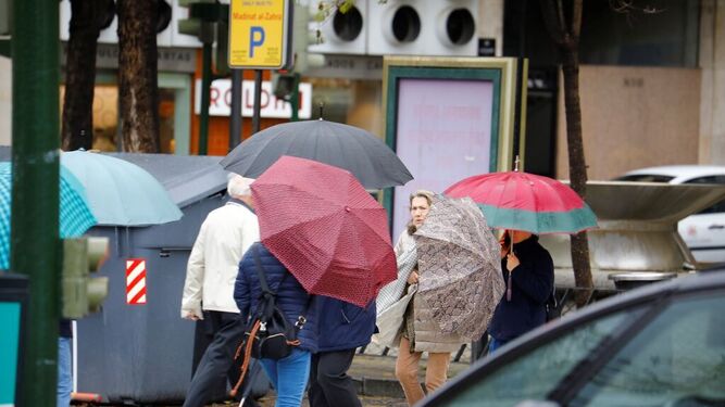 Un grupo de personas se protege de la lluvia en Córdoba.