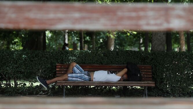 Un joven duerme en un banco.