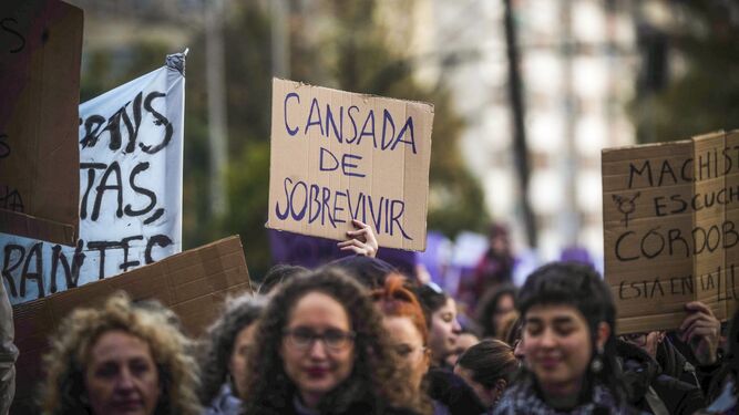 Mensajes contra la violencia de género en la manifestación del 8-M en Córdoba.