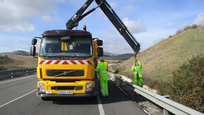 Operarios realizan labores de mantenimiento en una carretera.
