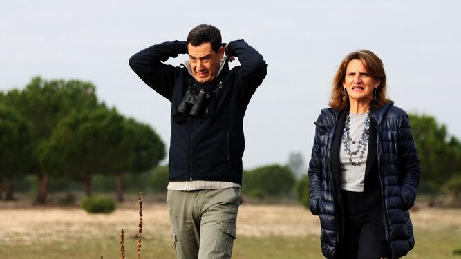 El presidente andaluz, Juanma Moreno, y la ministra de Transición Ecológica, Teresa Ribera, en Doñana a finales de noviembre.
