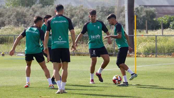 Varios jugadores del Córdoba CF hacen un rondo en un entrenamiento.